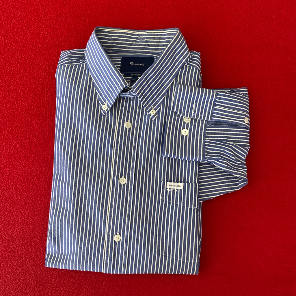 Faconnable Classique Stripped White Blue Shirt Buttoned Collar Front Pocket Xl